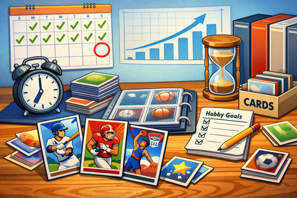 Cartoon sports card collecting scene showing routine and progress
