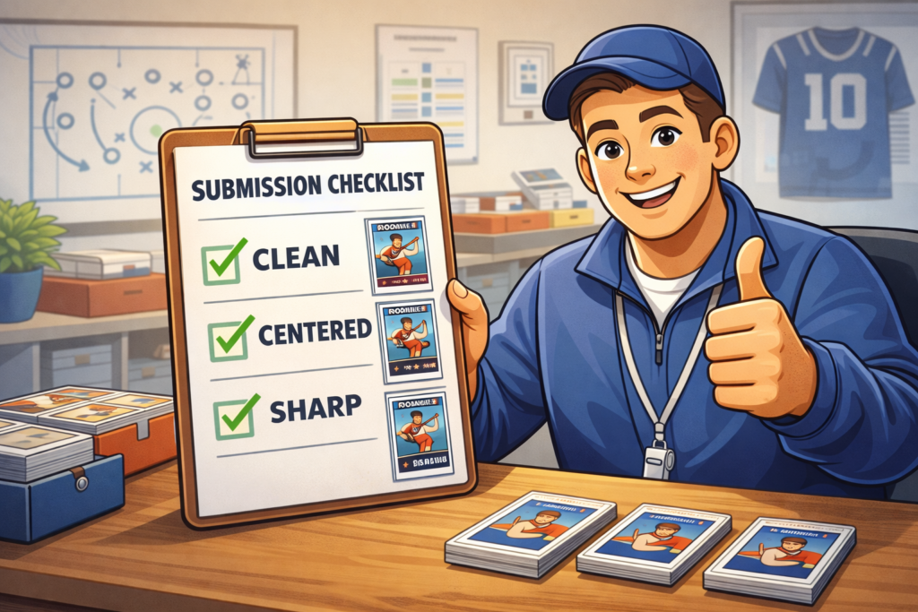 Friendly coach reviewing a sports card submission checklist with a reassuring, confident smile