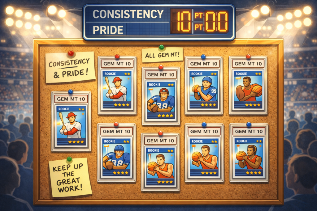 Motivational scoreboard and bulletin board displaying graded sports cards with a warm, prideful community tone