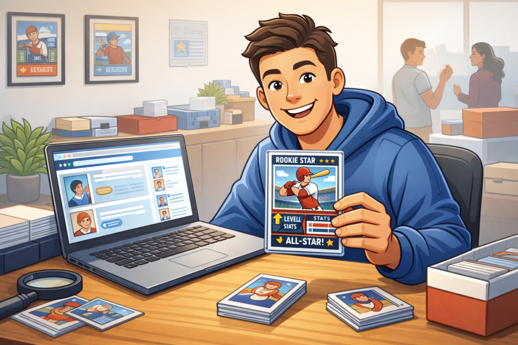 Smiling beginner sports card collector at a desk with laptop and trading cards