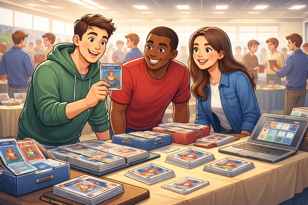 Smiling sports card collectors gathered around a table at a card show, sharing a warm, supportive community moment