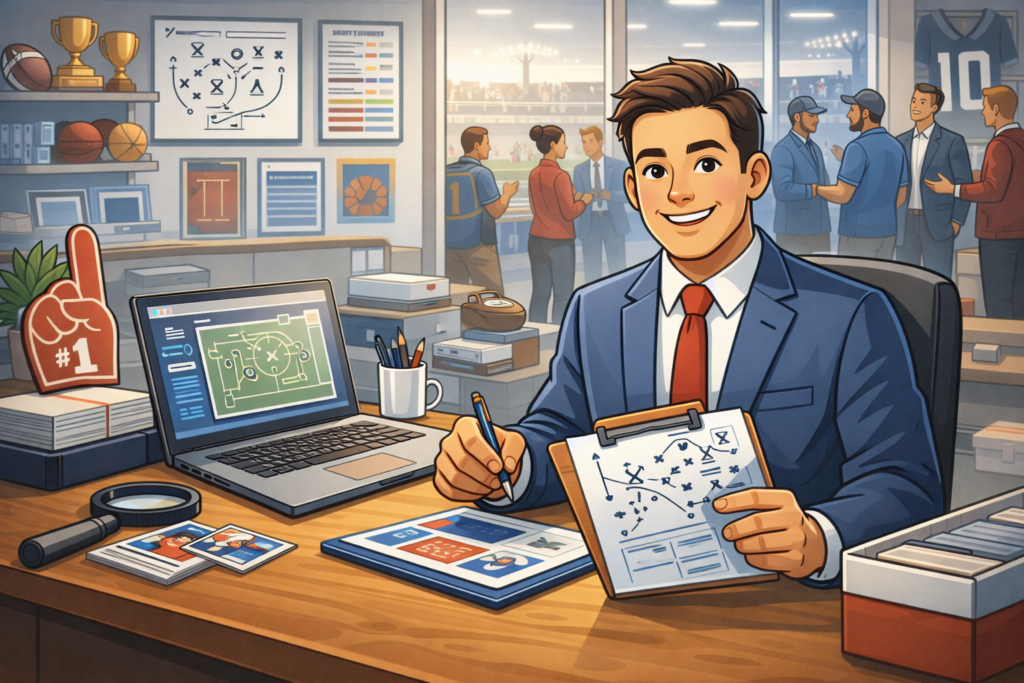 Smiling sports leader in a professional office, reviewing strategy plans with a welcoming team environment in the background