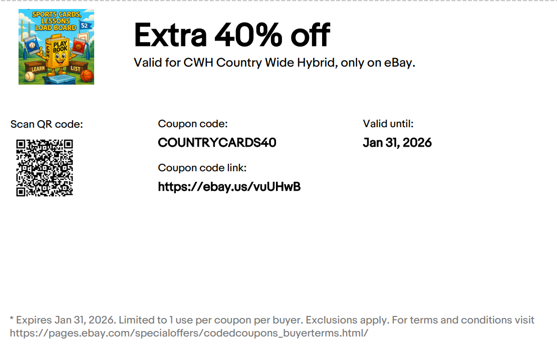 Extra 40% off CWH Country Wide Hybrid on eBay. Coupon code COUNTRYCARDS40. Valid until January 31, 2026.