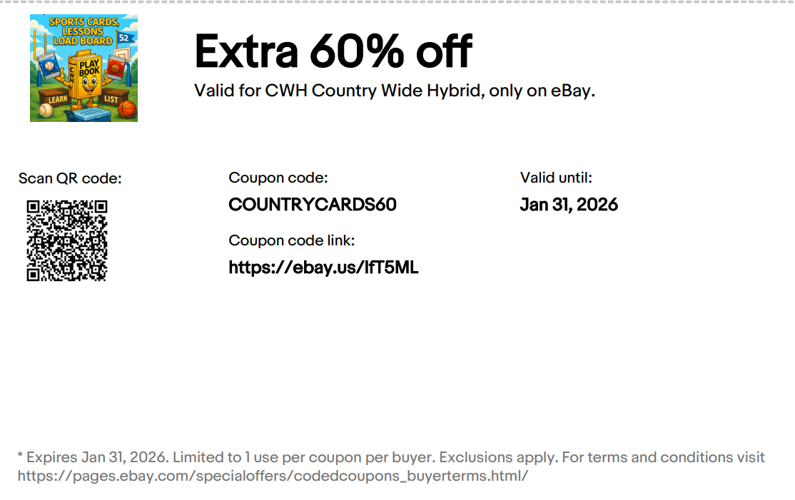 Extra 60% off CWH Country Wide Hybrid on eBay. Coupon code COUNTRYCARDS60. Valid until January 31, 2026.