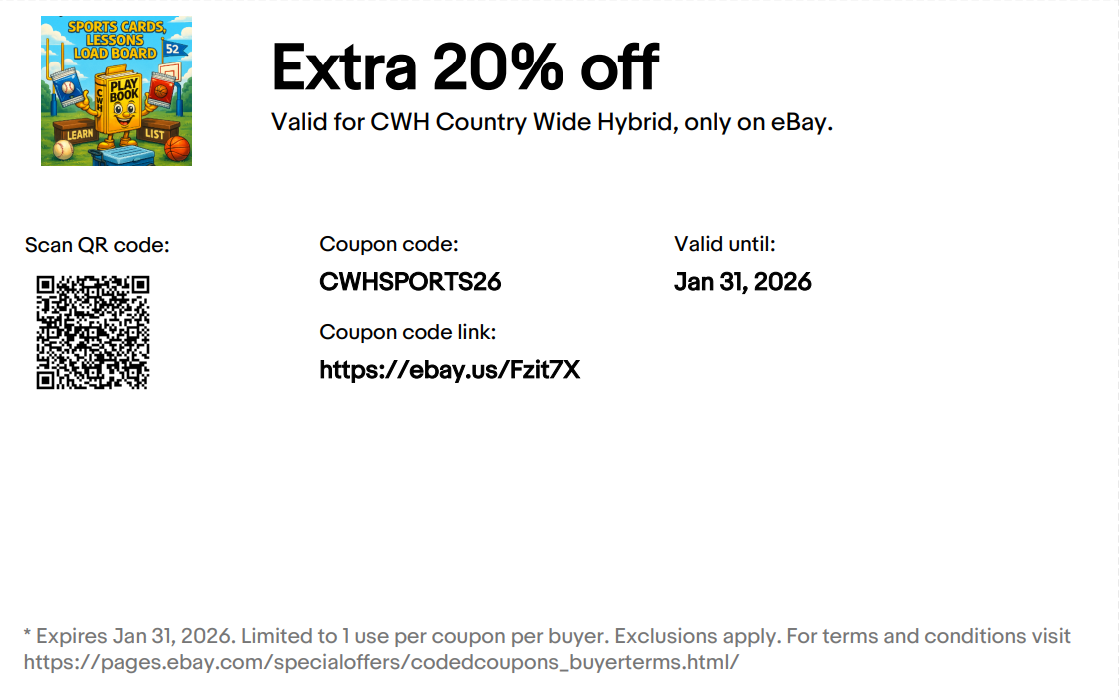 Extra 20% off CWH Country Wide Hybrid on eBay. Coupon code CWHSPORTS26. Valid until January 31, 2026.